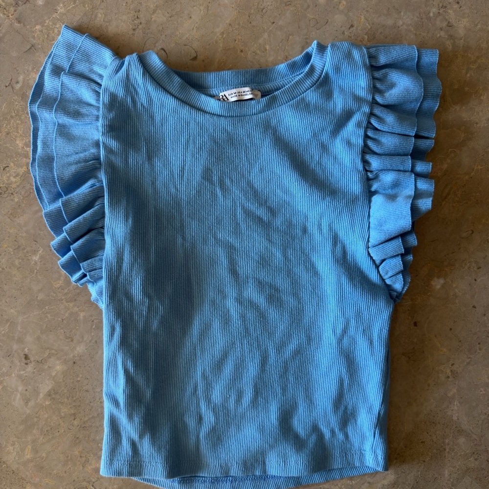ZARA blue cotton top with ruffles sleeves